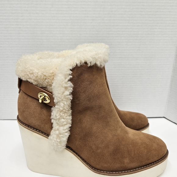 Coach Tan Shearling Wedge Boots - Picture 1 of 9
